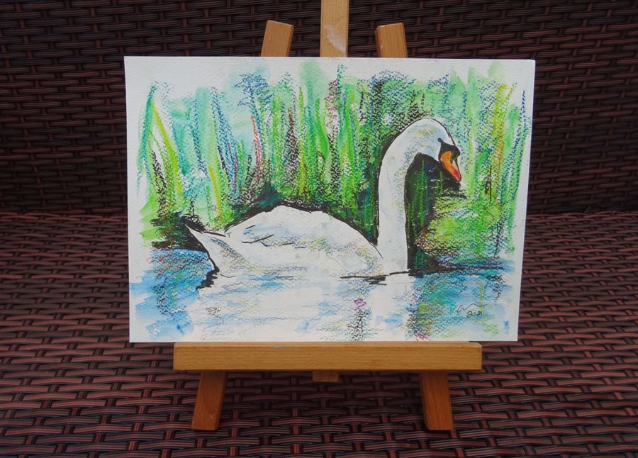 Swan Art Watercolour & Ink Original Animal Painting Bird