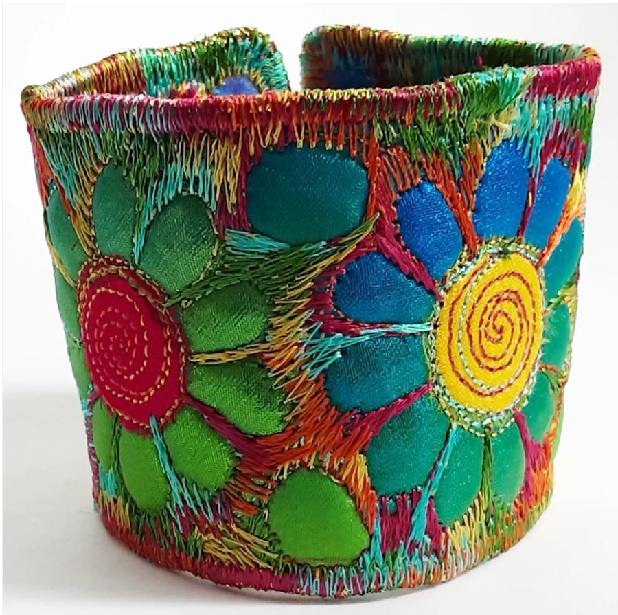Textile - Cuff - Fabric Bracelet with Free Machine Embroidery 