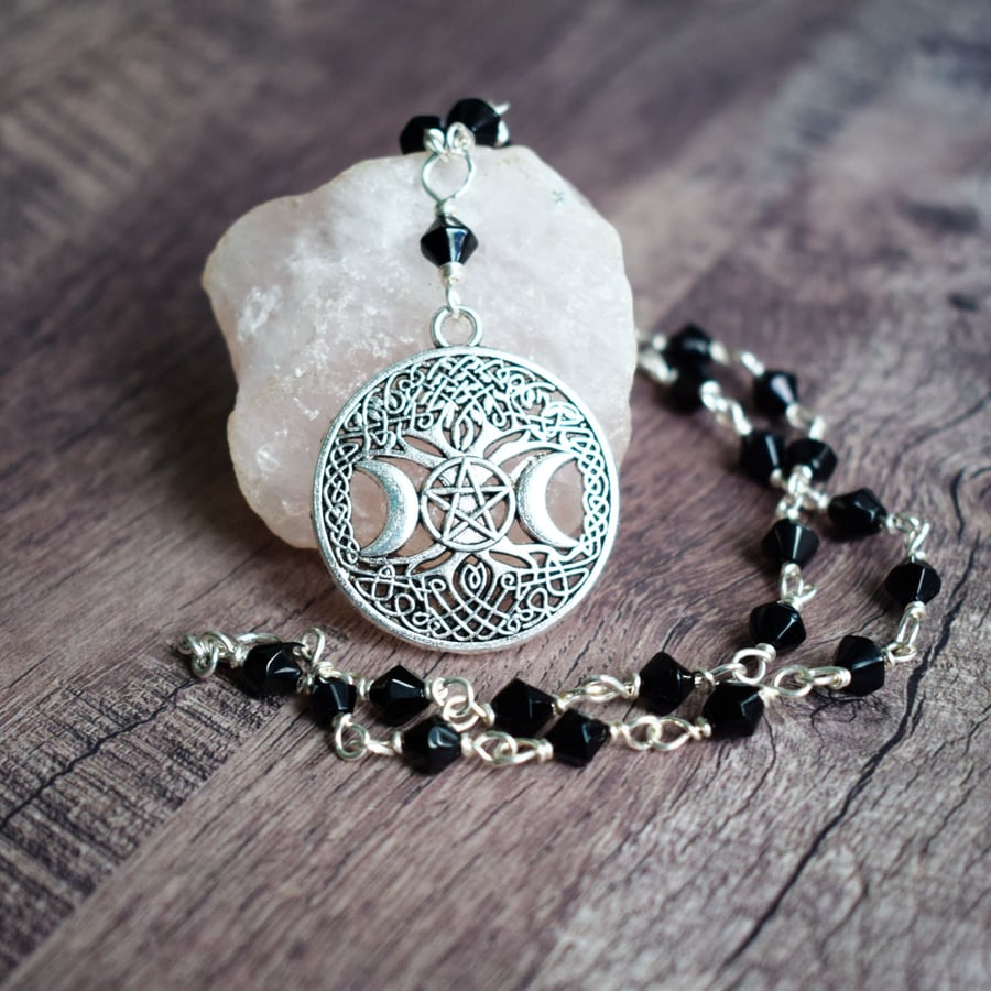 Yggdrasil and Triple Moon Necklace with Black Glass Bead Chain