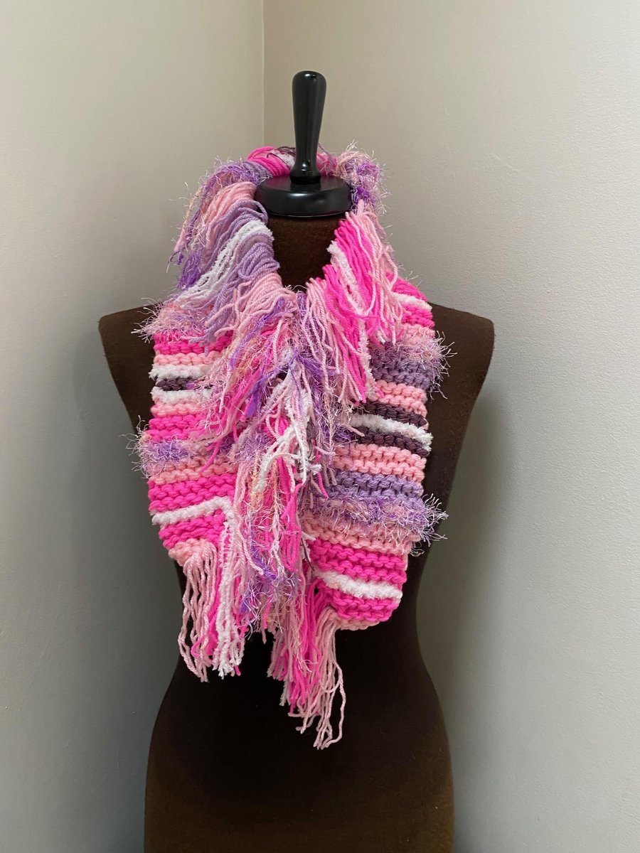 Hand Knitted Scarf with Fringe Pink and Lilac Textured scarf for women 
