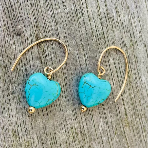 14K Gold Filled Earrings with Turquoise Heart Gemstones