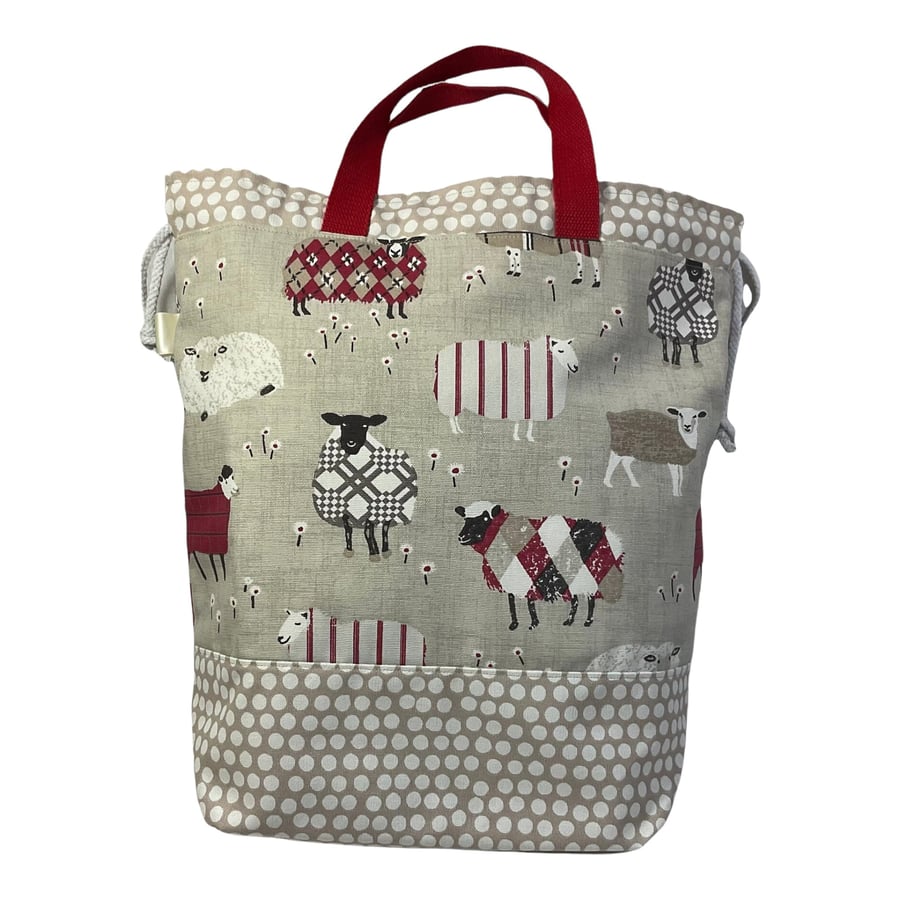 Extra Large drawstring knitting bag with red sheep print, multi pockets project 