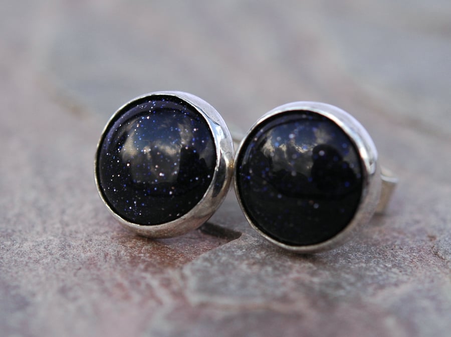 Sterling Silver Stud Earrings With Blue Goldstone,  E73