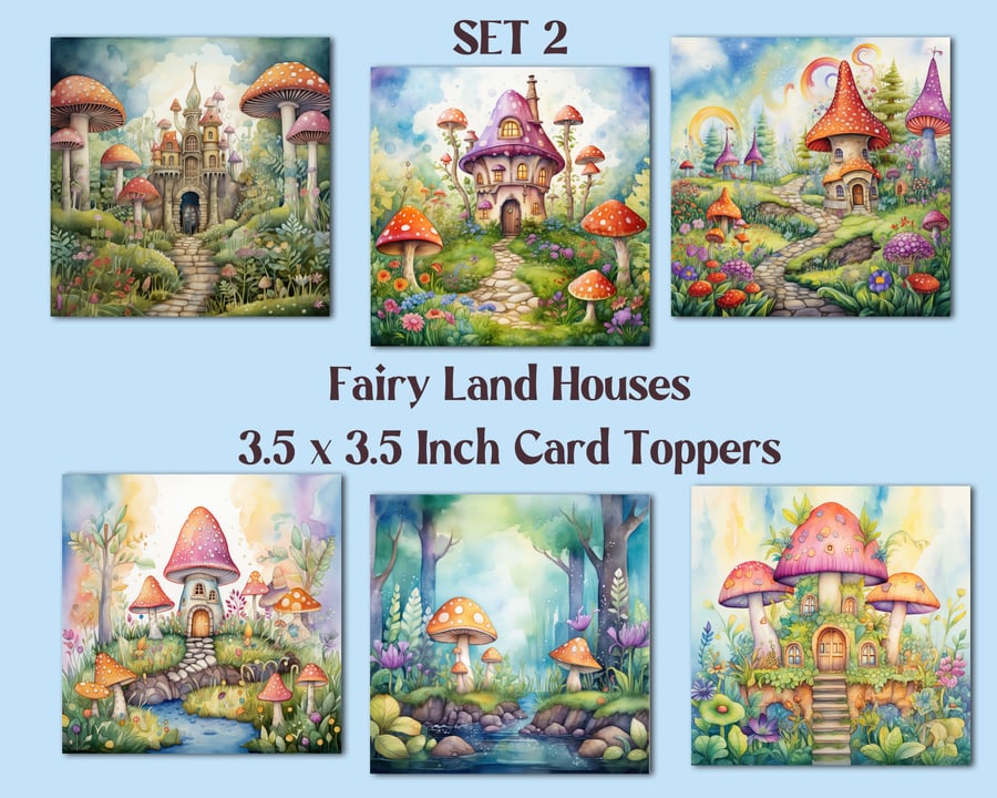 Fairyland Mushroom Houses  Square Card Toppers for Card Making, Tags, Scrapbooks