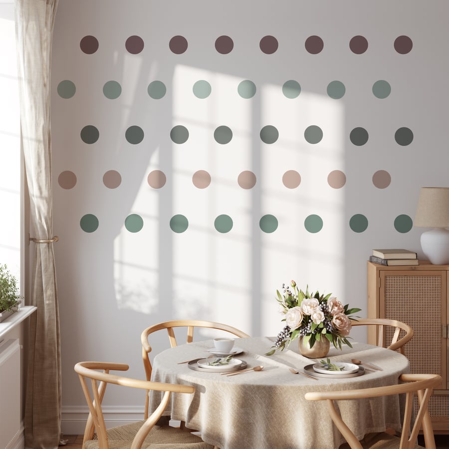 Eco-friendly nursery wall stickers featuring printed polka dots in neutral tones