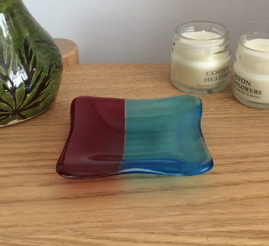 Fused Glass Red & Turquoise Striped Dish