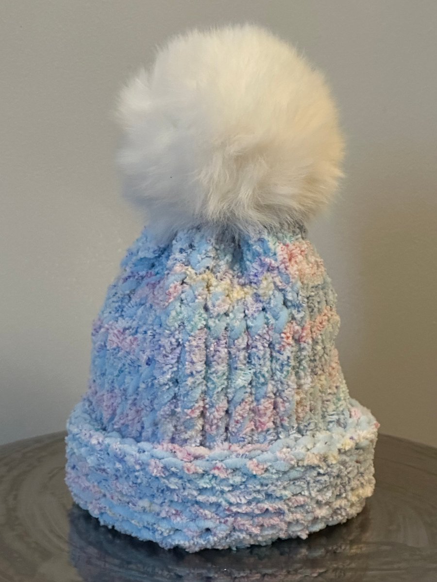 Handmade Blue & Multi Coloured Hat With Pom Pom 