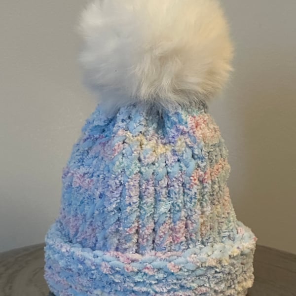 Handmade Blue & Multi Coloured Hat With Pom Pom 