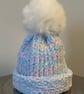 Handmade Blue & Multi Coloured Hat With Pom Pom 
