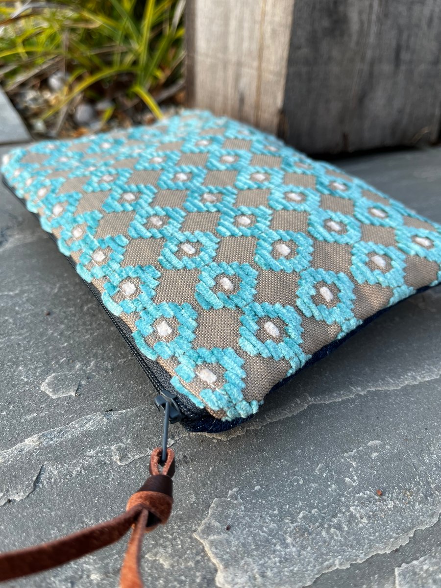 Aqua chenille and reclaimed denim zip pouch