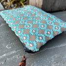 Aqua chenille and reclaimed denim zip pouch