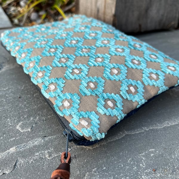 Aqua chenille and reclaimed denim zip pouch