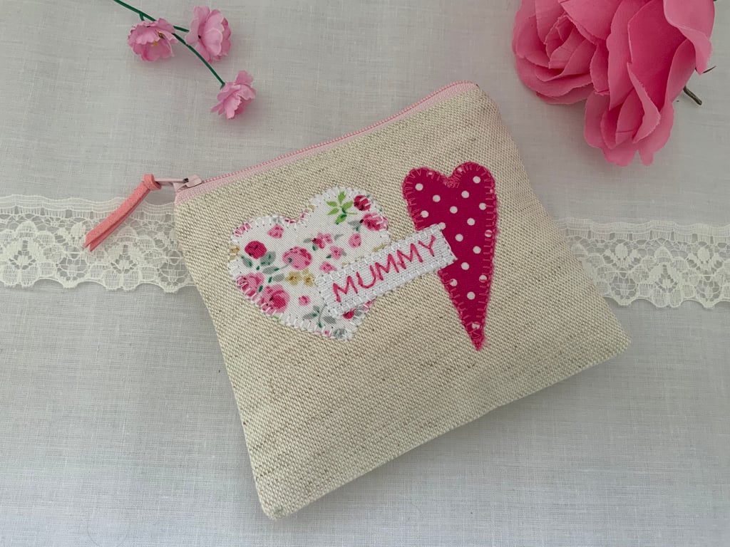 Fabric Coin Purse, Zipped Purse, Purse, Card Holder, Applique, Mothers Day
