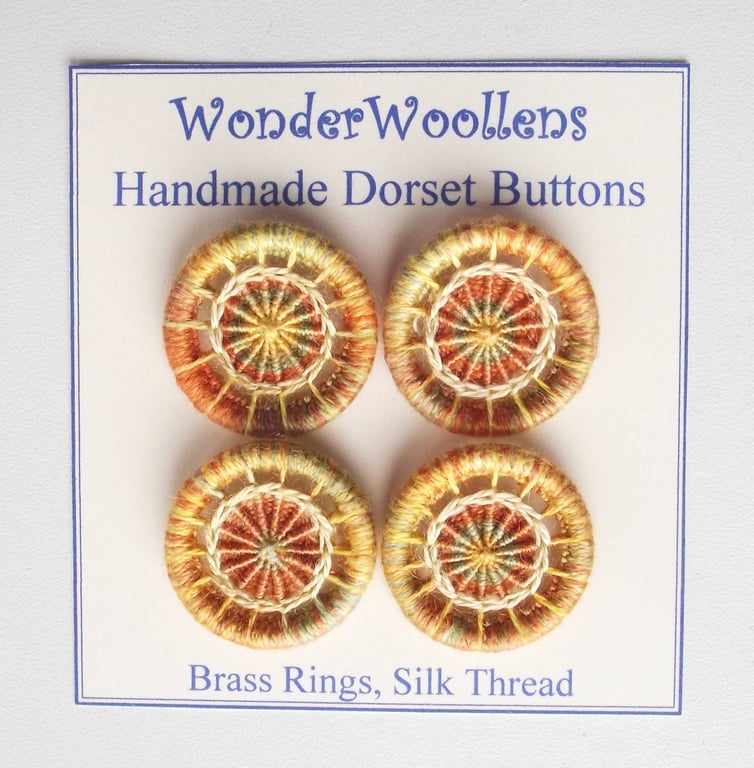 Dorset Buttons, Set of 4, Handmade, Variegated Silk, Gold, Green, Orange, 1" 