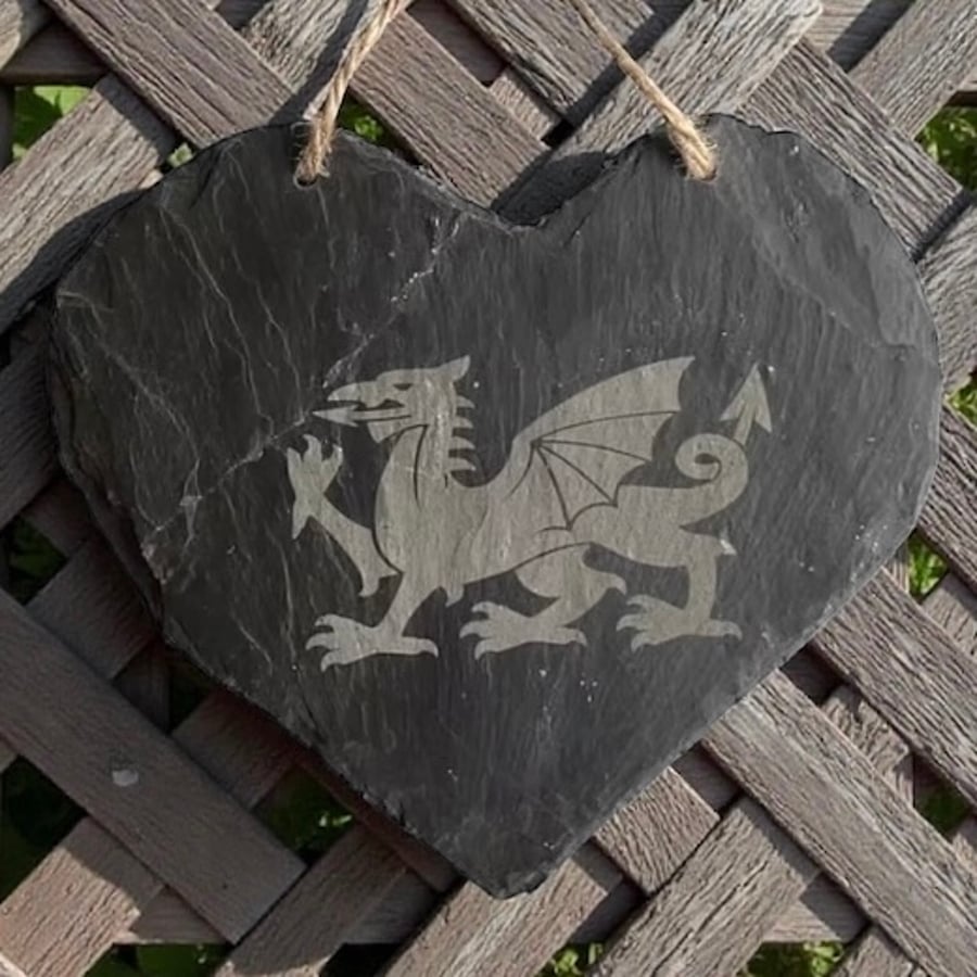 Handmade Welsh Dragon Slate Heart Hanging Decoration.
