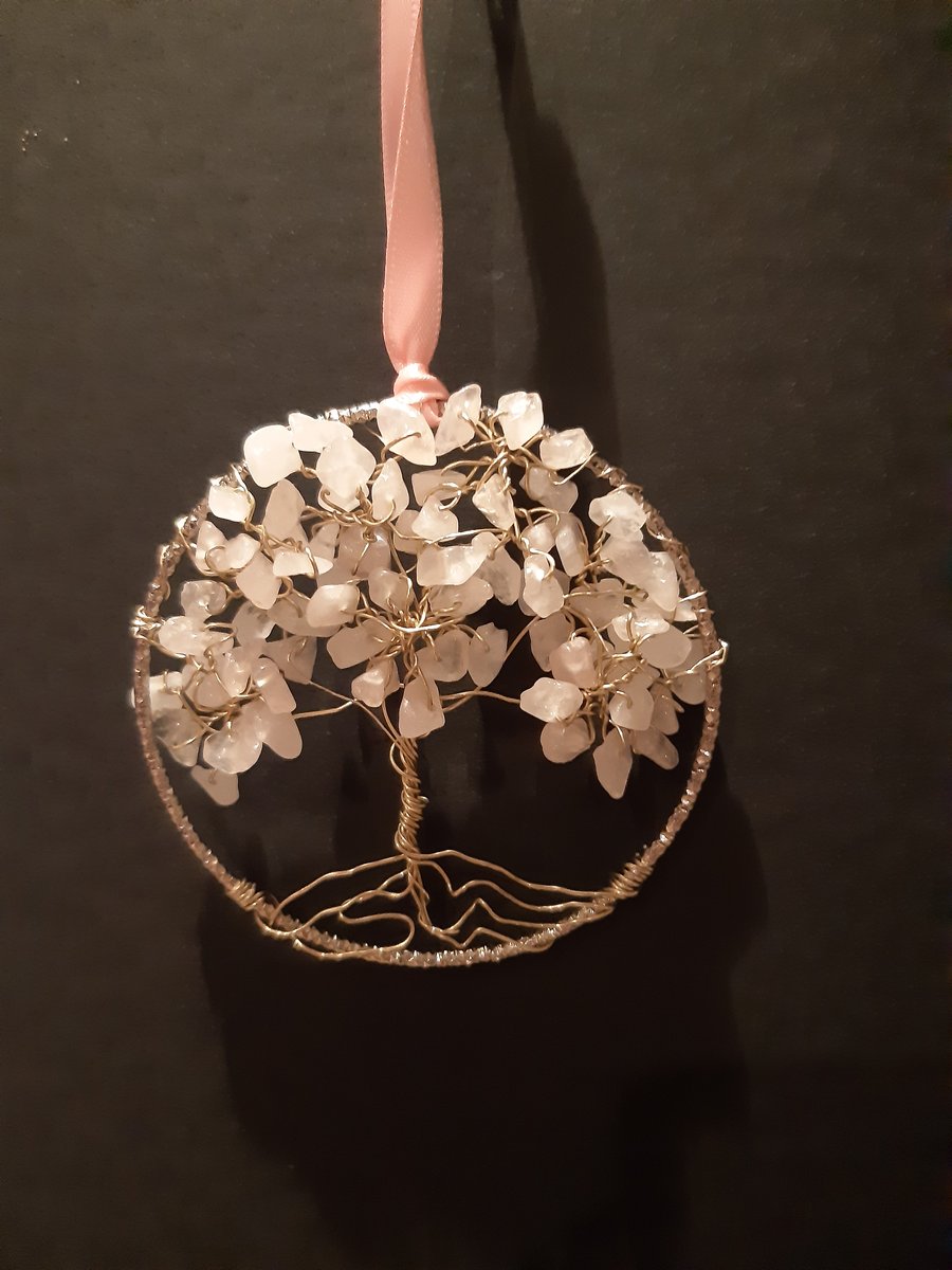 Rose quartz  Crystal tree of life bangle hangers on a ribbon 