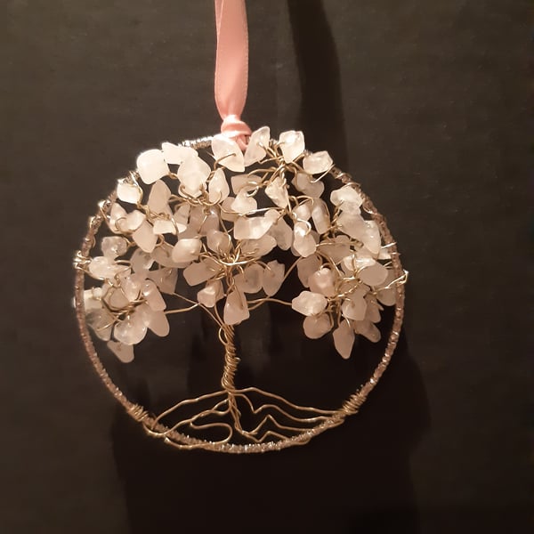 Rose quartz  Crystal tree of life bangle hangers on a ribbon 