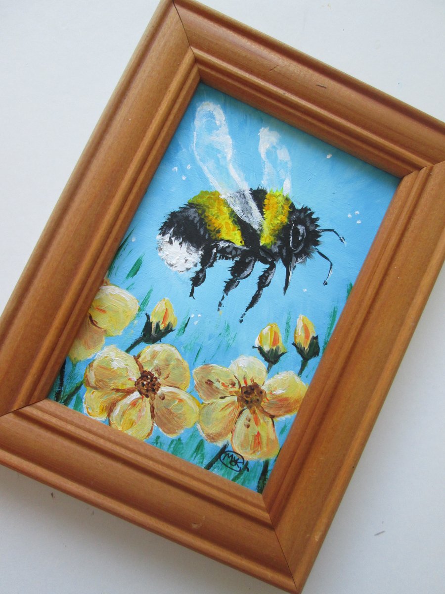 Bumblebee and Flowers. Small framed original acrylic painting