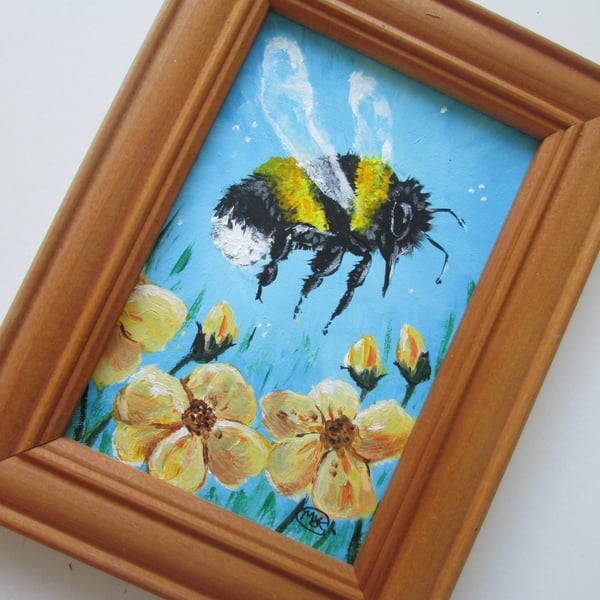 Bumblebee and Flowers. Small framed original acrylic painting