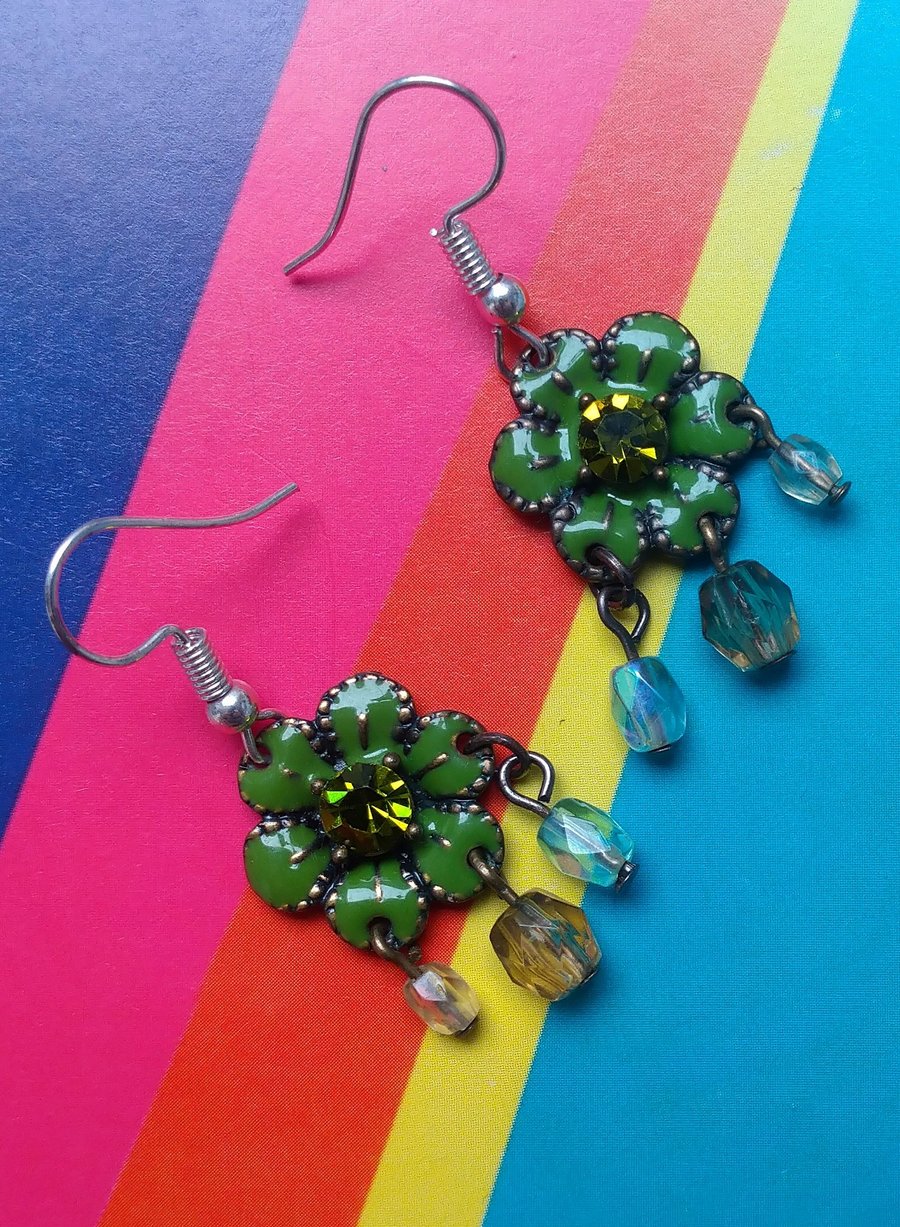 Green Enamelled Flower Earrings