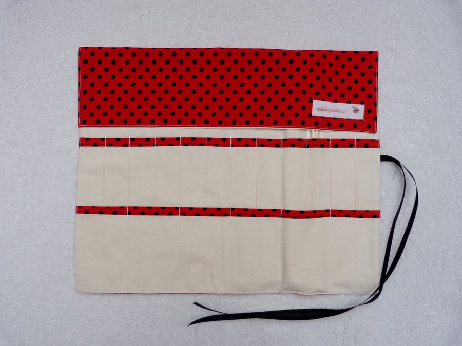 Knitting Needle Roll In Red and Black Polka Dot with 3 Pairs Bamboo Needles.