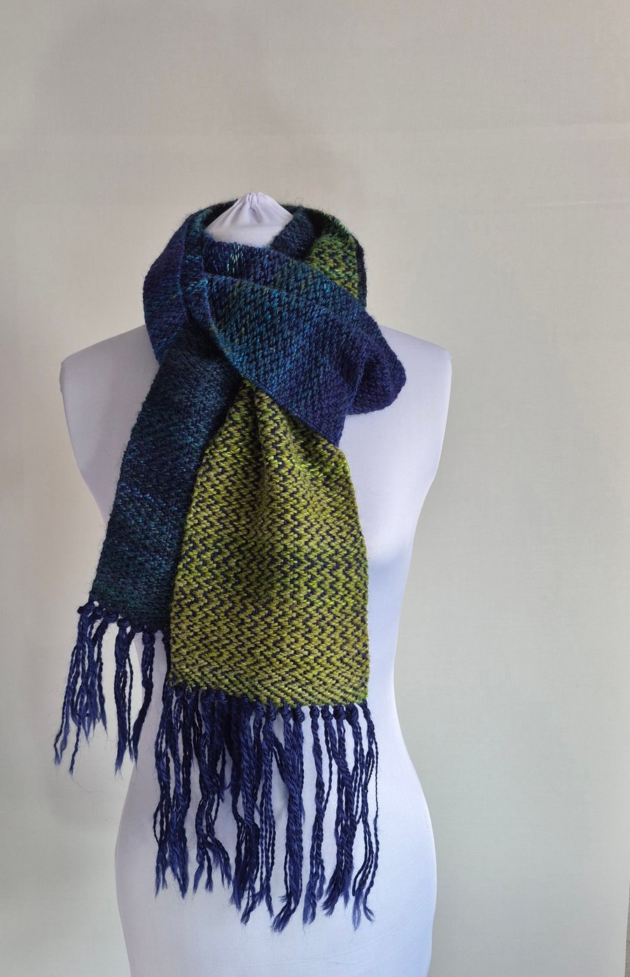 28.Handwoven Scarf in Blue and Green. Hand Spun Yarn in Shetland Wool and Silk,