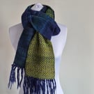 28.Handwoven Scarf in Blue and Green. Hand Spun Yarn in Shetland Wool and Silk,