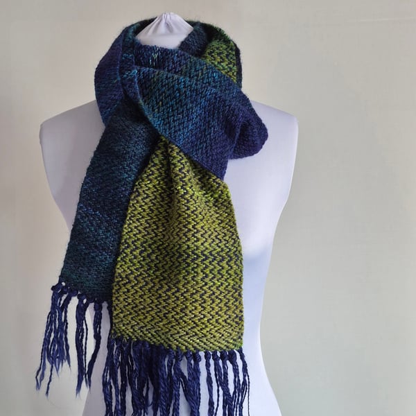 28.Handwoven Scarf in Blue and Green. Hand Spun Yarn in Shetland Wool and Silk,