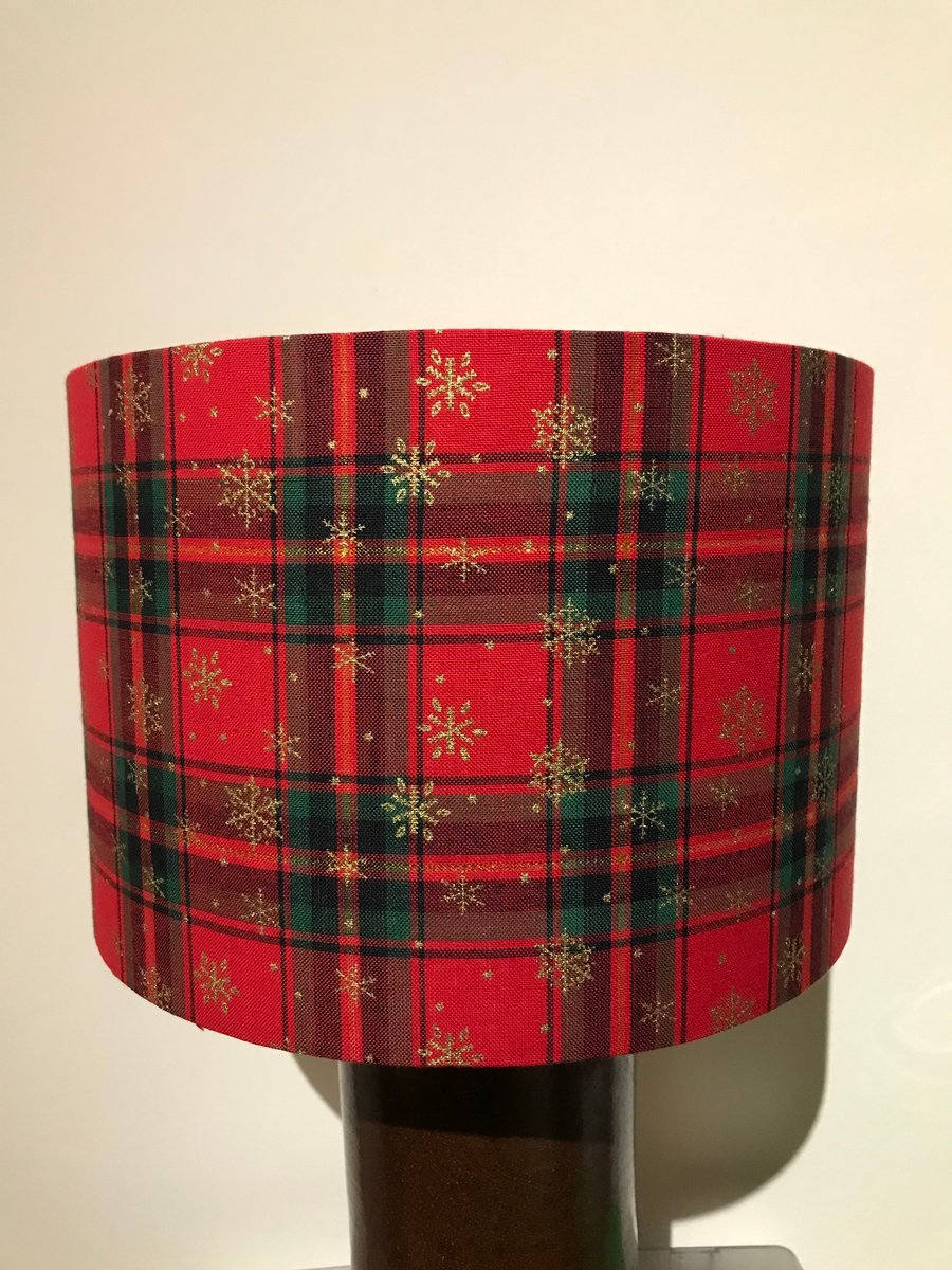 Handmade Christmas Lampshade Red Tartan with Gold Snowflakes