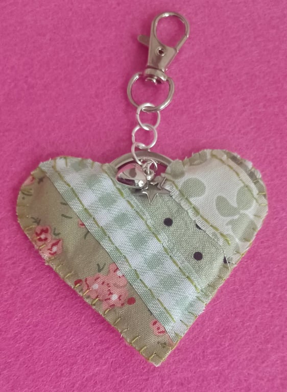 Handmade Fabric Patchwork Heart Keyring Bag Charm Green