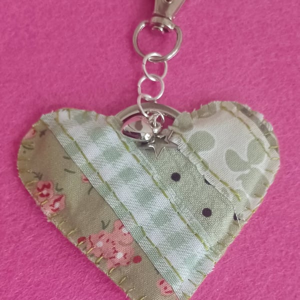 Handmade Fabric Patchwork Heart Keyring Bag Charm Green