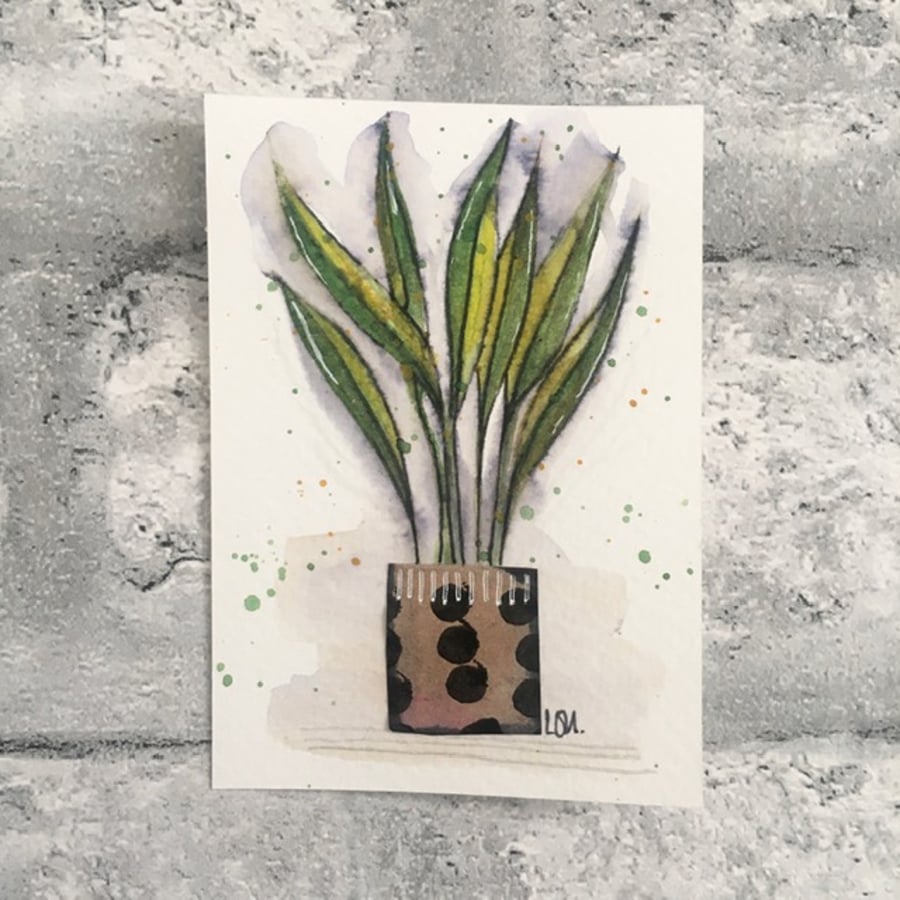 Original art ACEO in watercolour and collage house plant 