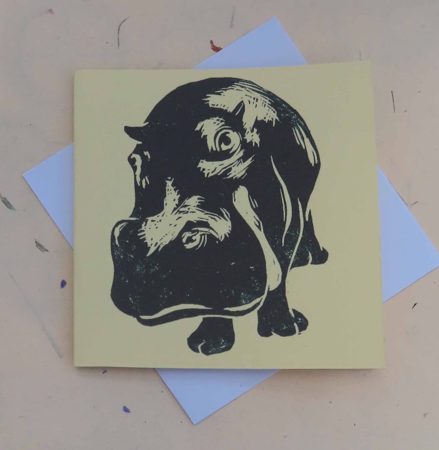 Hippo Art Greeting Card From Original Lino Cut Print Cream