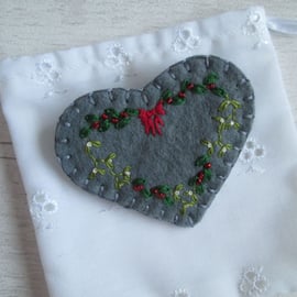 Hand Embroidered Holly & Mistletoe Wool Felt Heart Brooch, Christmas Brooch