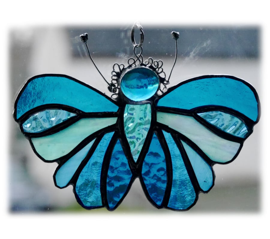 Teal Butterfly Suncatcher Stained Glass Handmade Turquoise 079