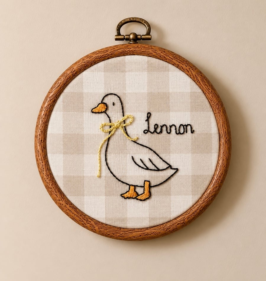 Personalised Goose Nursery Embroidery Hoop - Neutral Baby Name Wall Decor 