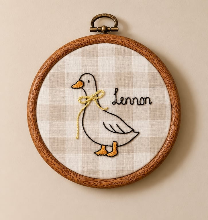 Personalised Goose Nursery Embroidery Hoop - Neutral Baby Name Wall Decor 