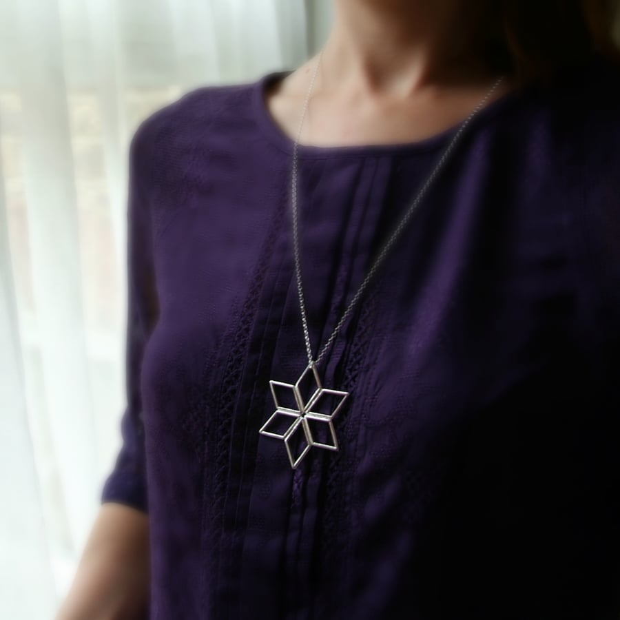 Geometric Star Necklace, Large Star Pendant,Handmade Necklace in Sterling Silver
