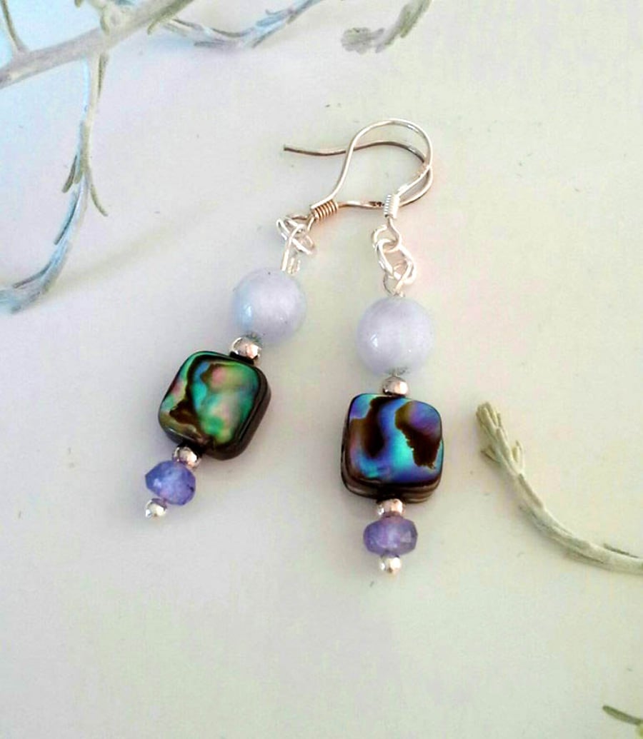 Aquamarine, Abalone Shell, Tanzanite Sterling Silver Earrings