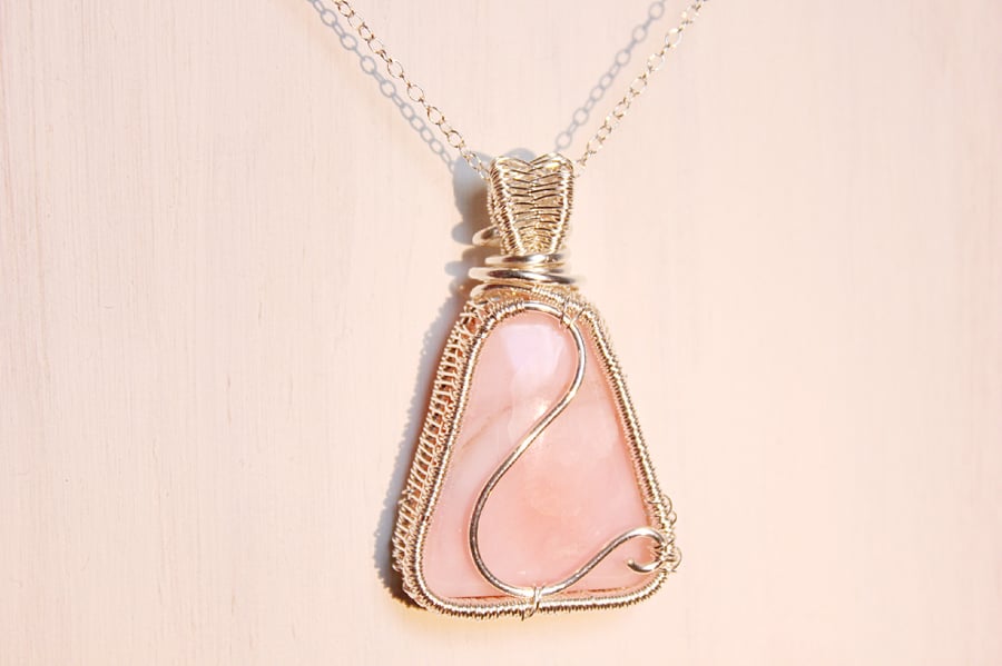 Pink opal and silver wire wrapped pendant with sterling silver chain