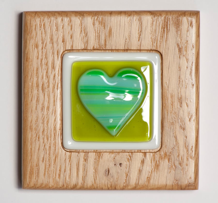 Green Heart - Fused Glass in Handmakde Oak Block Frame