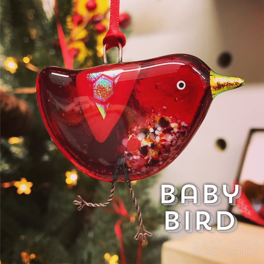 Red fused glass BABY bird