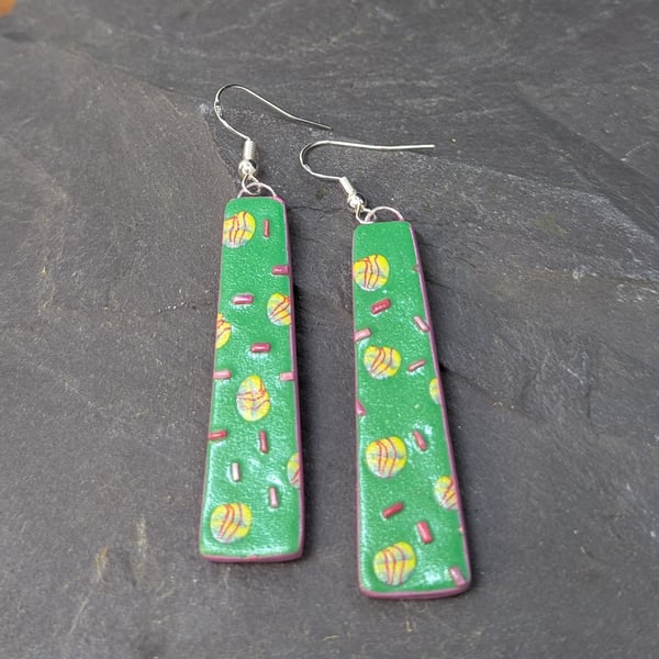 pink dash on green bar dangle earrings 