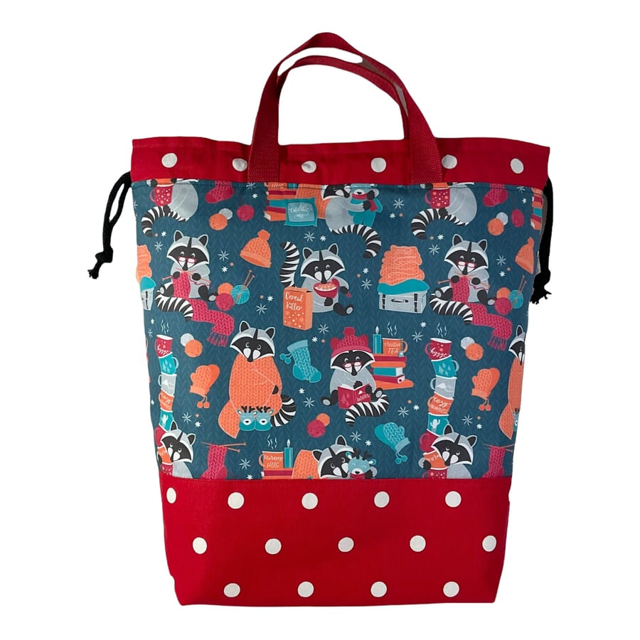 Extra Large knitting and craft bag with raccoons, multi pocket bag