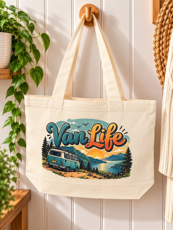 Van Life Tote Bag – Campervan Travel Canvas Bag with Zip – Camping & Adventure