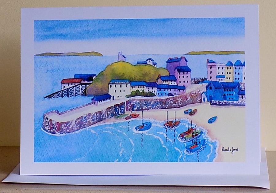 Tenby Harbour, Pembrokeshire, Art Greetings Card,  Size a5, Blank inside