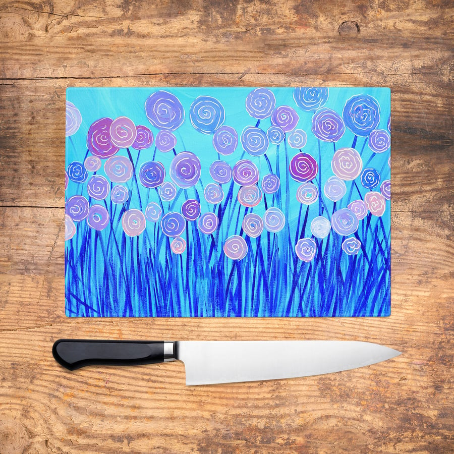 Lilac and Blue Flowers Glass Chopping Board - Abstract Floral Worktop Saver, Pla