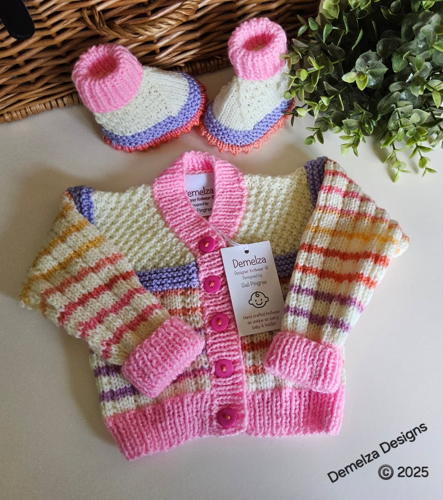 Designer Hand Knitted Baby Girl's Cardigan & Booties Set 3-9 Months Size