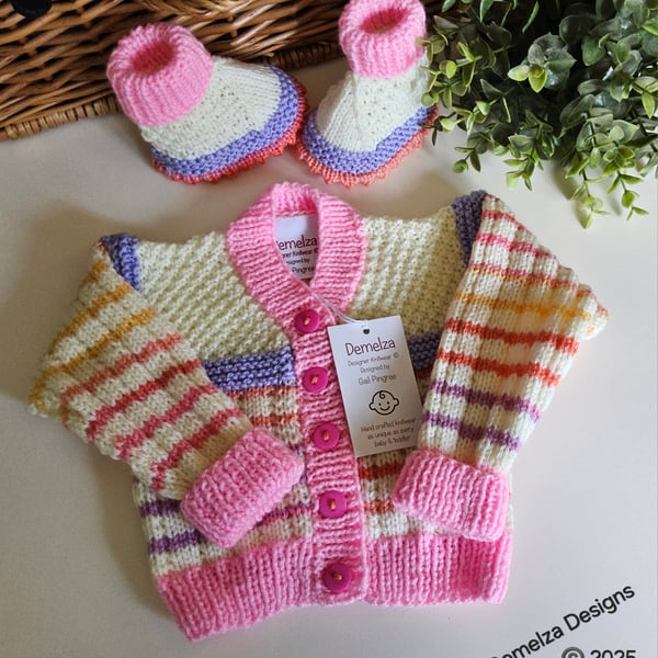 Designer Hand Knitted Baby Girl's Cardigan & Booties Set 3-9 Months Size