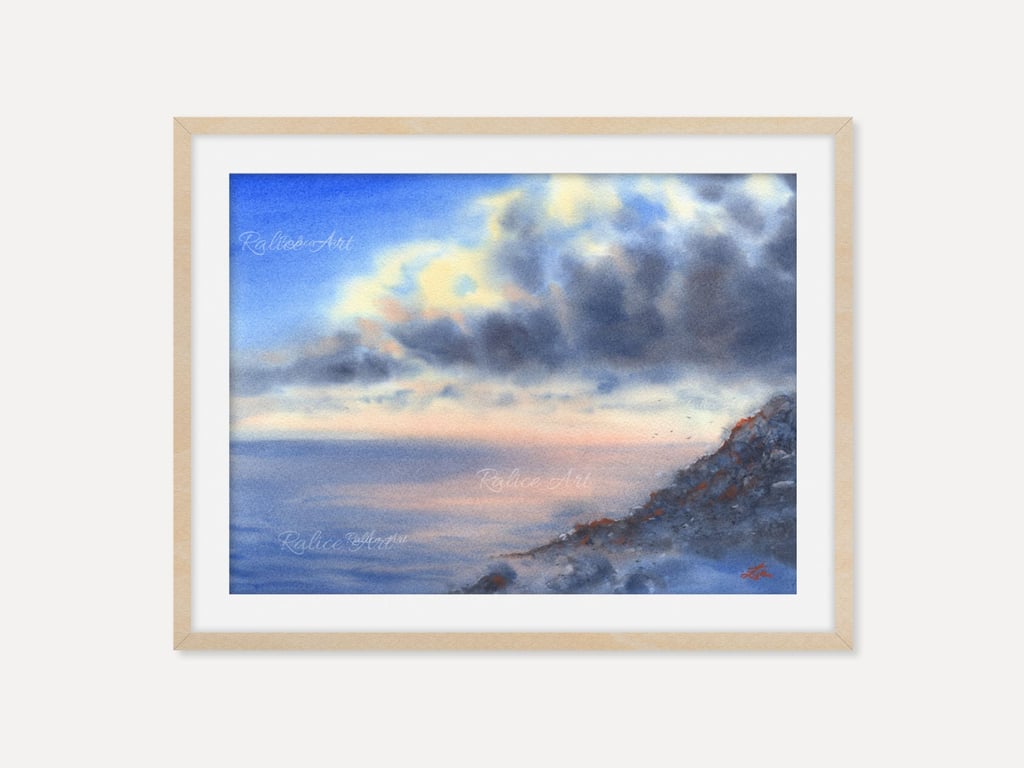 Orange Sunset Seascape Fine Art Print, Coastal Watercolor Wall Art, Golden Ocean